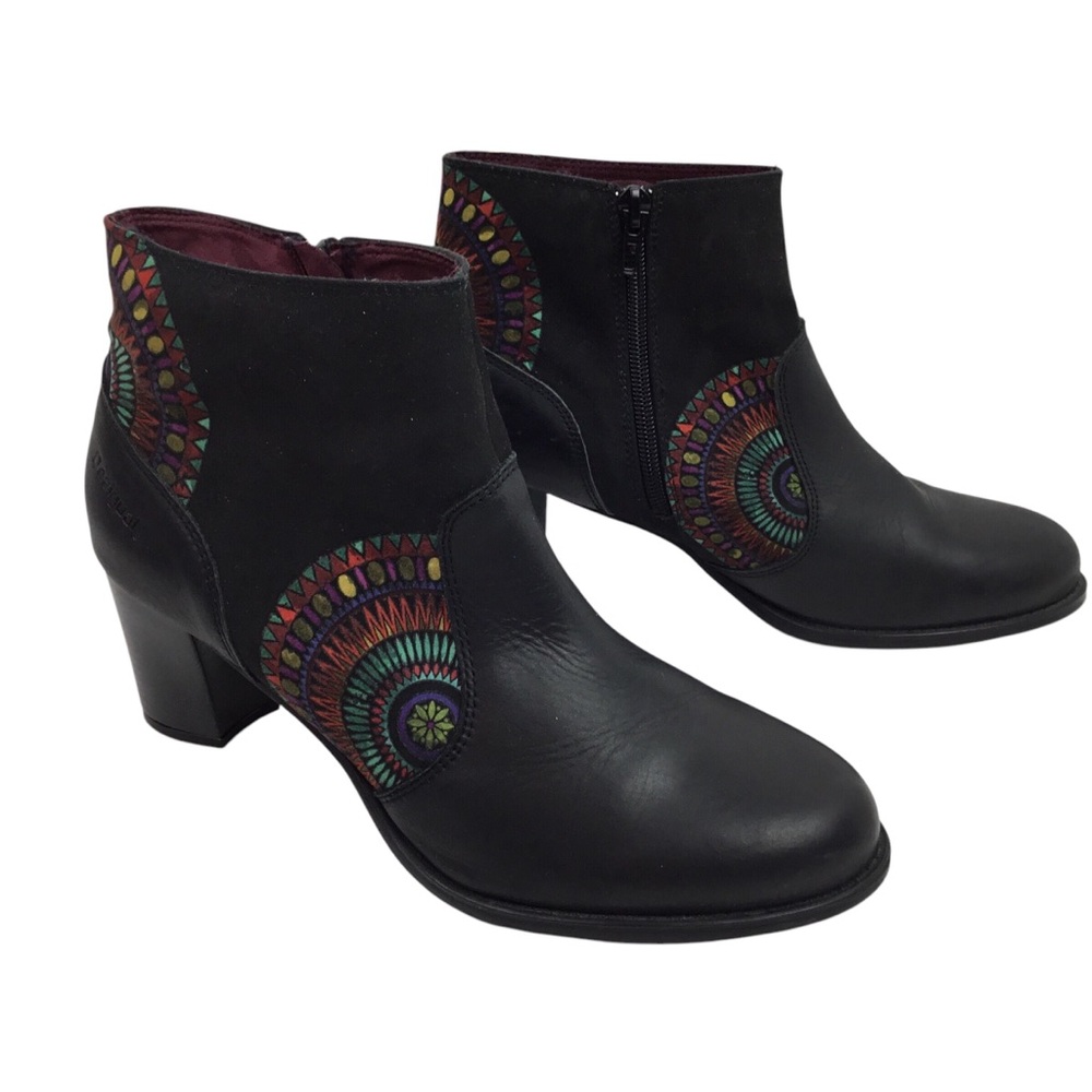 NWOT Desigual Suede Geometric BOHO Leather Ankle Boots Black